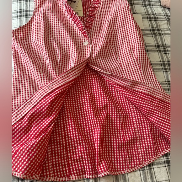 Tyler Boe Red White Gingham Cotton Button Down Ruffle Neck Sleeveless Top NWT 10 - Picture 6 of 16